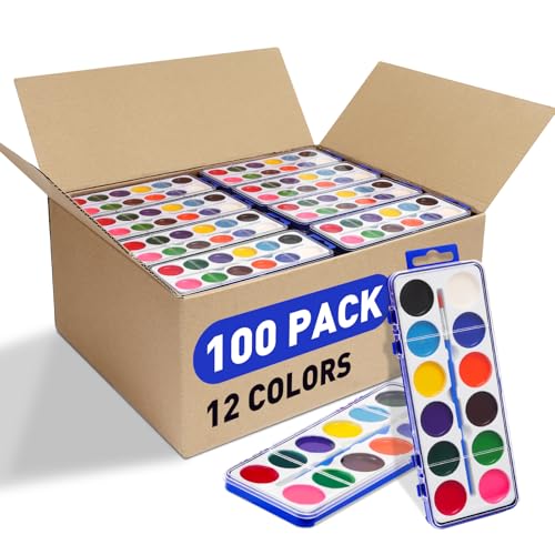 100 Pack Watercolor Paint Set for Kids 12 Colors Watercolors Paints with Paint Brush Kids Watercolor Paint Set for Party Favor Classroom School Supplies.