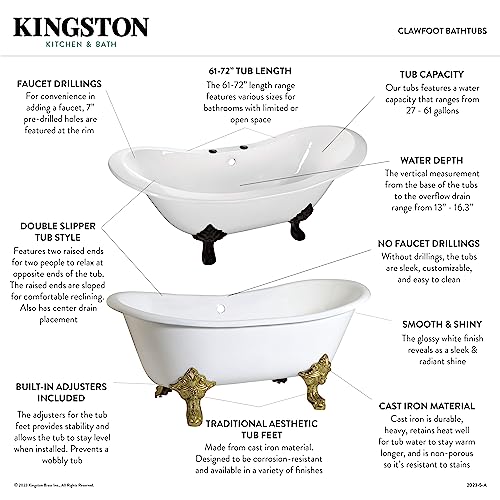Kingston Brass Aqua Eden Vct7D6728Nh1 Cast Iron Double Slipper Clawfoot Bathtub With Chrome Feet And 7-Inch Centers Faucet Drillings, 67-Inch, White #TOP6