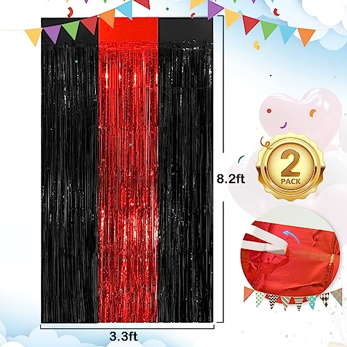 Image of Black Red Fringe Curtain Party Streamers 2Pack 3.3 x 8.3 Ft Foil Fringe Backdrop Curtains for Birthday Wedding Bridal Baby Shower Holiday Tinsel Streamers Black Party Decorations Door Streamers