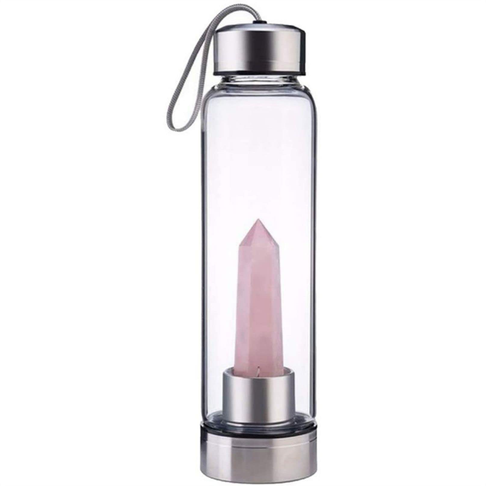 Botella de Agua Cristal Curativo 550Ml Columna Cuarzo Natural Copa Deportiva Piedras Preciosas Vidrio Grava con Energía Funda Protectora (Color : Pink Crystal, Size : 550ml)