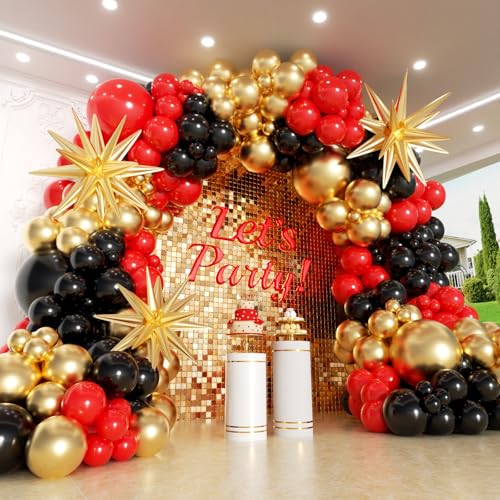 Pityblns Red and Black Gold Balloons Garland Arch Kit with Star 144pcs Different Size Black and Red Balloons Arch for Casino Anniversary Night Hollywood Movie Night New Years Party Decorations