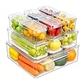 Pure Future 10-Pack Clear Fridge Organizer Containers with Lids, Stackable BPA-Free Refrigerator & Produce Storage Containers with Drain Tray & Anti-Slip Base for Fruits, Veggies & Drinks