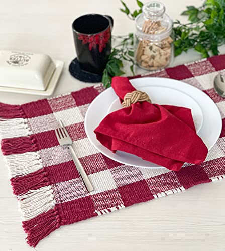 Chardin Home 100% Cotton, Machine Washable, Handwoven Buffalo Check Placemats (Set Of Four) For Dinner Parties & Holidays, Burgundy Red & White (13''X19'') #TOP3