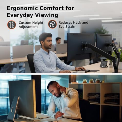 Image of Amazon Basics Heavy Duty Dual Monitor Arm with Gas Spring Adjustment for 13-32 inch Screens | Ergonomic Adjustable VESA Stand | Supports 9 Kgs Per Arm | Swivel, Tilt & Rotate | Steel & Aluminum Build