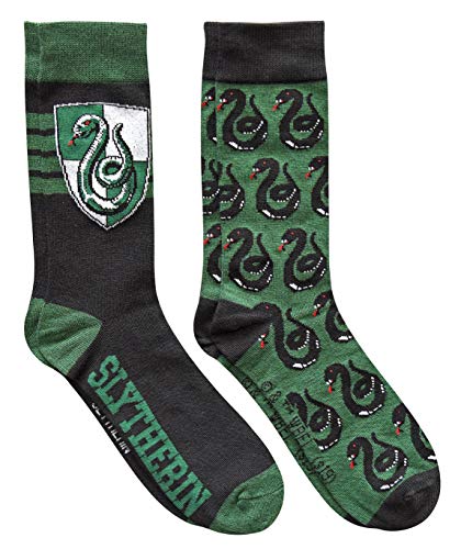 Harry Potter Slytherin House Crest Pattern Mens Crew Socks 2 Pair Pack Shoe Size 6-12