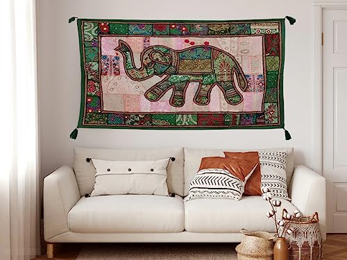 Image of Ekam Art Rajasthani Handmade Heavy Elephant Embroidery Cotton Patchwork Tapestry Cotton Wall Decor Hanging Beaded Tapestries Home Living Room Decor 40 x 60 Inch (Green)