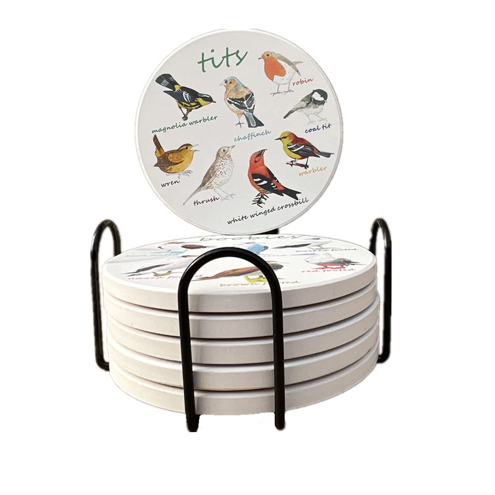 Jswlywmtpj Bird Ceramic Coasters For Drinks With Holder And Cork Base, Set Of 6 All Kinds Of Birds Absorbent Coasters For Coffee Table