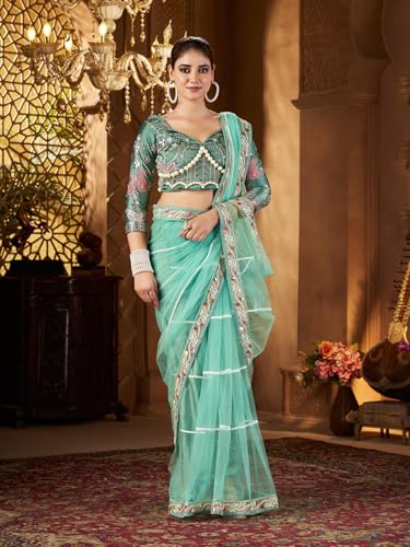 Image of Pandadi Saree Women's Net Embroidery Work Saree With Unstitched Blouse Piece