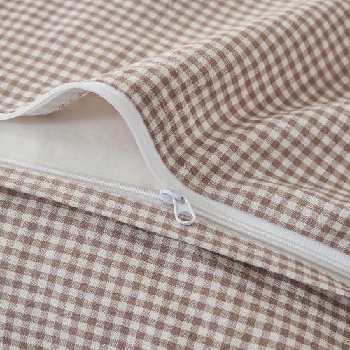 Image of Mini Gingham Brown Duvet Cover King 100% Washed Cotton Bedding Set Like Linen Soft Breathable 3 Piece Classic Plaid Checkered Comforter Cover Set (King 104 inchx90 inch, Comforter Not Included)