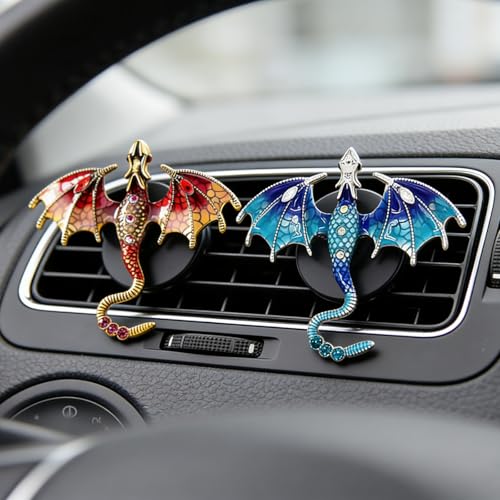 Image of 2 Pcs Bling Dragon Car Air Freshener Vent Clips, Crystal Rhinestone and Enamel Dragon Air Vent Clips Car Diffuser Cute Car Interior Decoration Accessories for Women Gift (Blue Red)