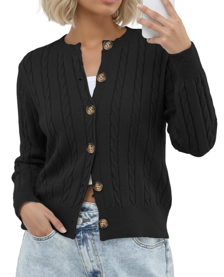 GRECERELLE Womens Long Sleeve Cable Knit Button Down Crew Neck Casual Cardigan Sweater S-2XL