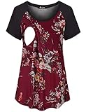 Tunic Tops for Leggings for Women, Quinee Mama Crew Neck Patchwork Raglan Short Sleeve Plus Size Nursing Shirts Functional Print Pattern Maternity Clothes Red Floral XXL