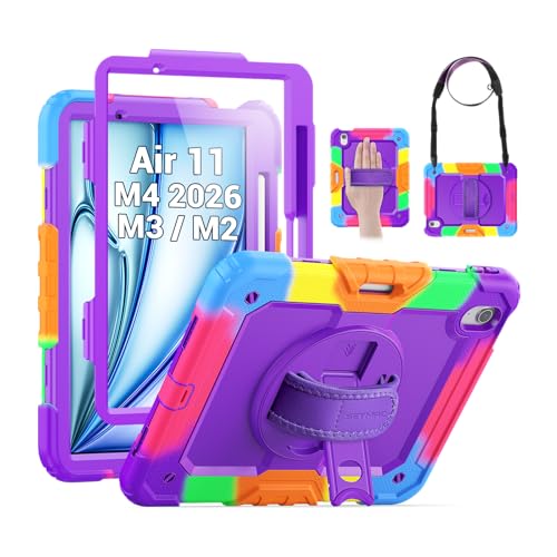 Image of SEYMAC Kids Case for iPad Air 11 Inch M4 / M3 / M2 (2026 /2025 / 2024), Heavy Duty Shockproof Protective Case with Screen Protector, Rotating Stand and Hand /Shoulder Strap, Colorful Purple