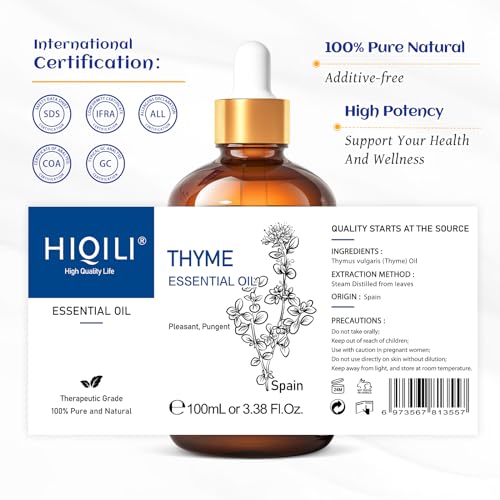 Image of HIQILI 3.38 Fl Oz Thyme Essential Oil, 100% Pure Undiluted for Hair, Skin, Diffuser, Aromatherapy, Includes 10ML Travel Bottle - 100ML