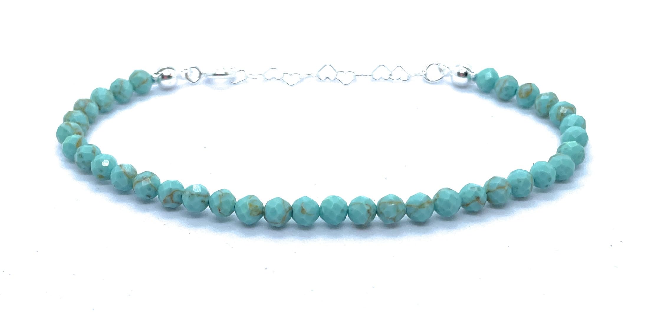 Pulsera de Turquesa Natural, Plata 925, 4mm, Ajustable 16-19cm