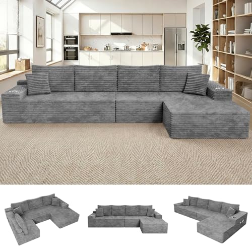Image of 138 inch Cloud Sectional Couch with L Shape Chaise, Extra Large Frameless Corduroy Sofa, Higher 17.7 inch Seat Height, 32D Pure Foam,Modular Seating for Living Room,No Assembly(Light Gray,Right Facing Chaise)