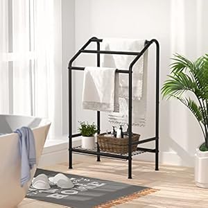 Pickpiff 3 Tier Towel Rail Rack Stand with Storage Platform, Free-standing Metal Towel Drying Shelf, Washcloths Holder, Bathroom Storage Organizer