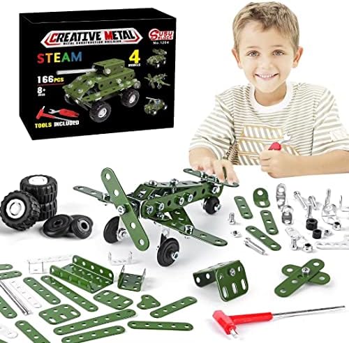 Ferthor Fun Metal Building Military Series Assembly Toys for Kids,Erector Set Military Vehicles Model, Stem Building Toys for Boys Age 8-12,Steam Gift for Model Military Kit(166pcs No Motor)