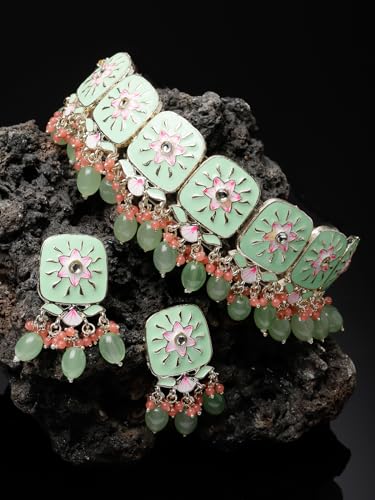 Square Mint Green Enamel Choker Set with Earrings