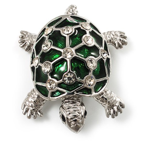 Image of Cute Green Enamel Crystal Turtle Brooch (Rhodium Plated)