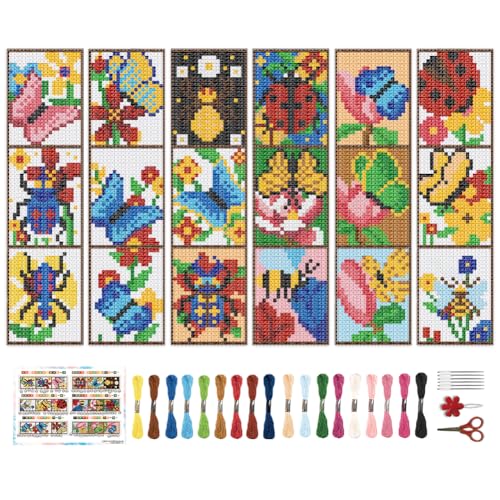 Image of BEUNITONE 6 Pcs Insects Cross Stitch Bookmark Kits for Beginners Bookmark with Butterflies Dragonflies Pattern Counted Cross Stitch DIY Stamped Embroidery with Instructions for Book Lover 8''x2.4''