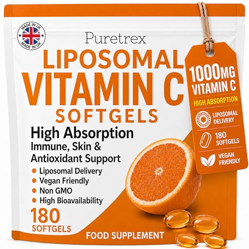PURETREX Liposomal Vitamin C 1000mg Softgels Zinc Quercetin BioPerine Complex Vegan Daily Nutrition Supplement Gentle Capsule Formula Clean Non GMO Made in UK 180 Softgels