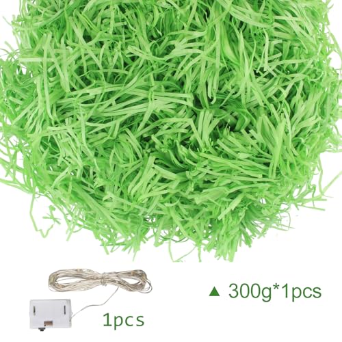 GZGXKJ Ostergras Grün 300g Dekogras Ostern mit Kabelgebundene Lampe Easter Grass Füllmaterial Geschenk Osternest Gras für Osternester Osterdeko Zum Basteln Holzwolle Ostergras