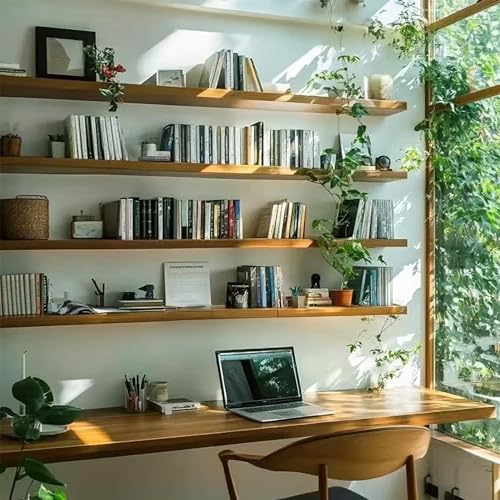 Image of ROGMARS 36 Inches Long Walnut Floating Shelves | Rustic Solid Wood Farmhouse Wall Shelves with Invisible Brackets for Bathroom, Living Room, Bedroom, Kitchen Set of 4