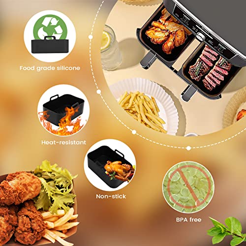 This is a picture of a product for sale called 10QT Air Fryer Silicone Liners,  2pcs Rectangular Silicone Airfryer Basket with Heat Proof Gloves,  Reusable Air Fryer Accessories for Ninja Dual Zone DZ401 - DZ550
