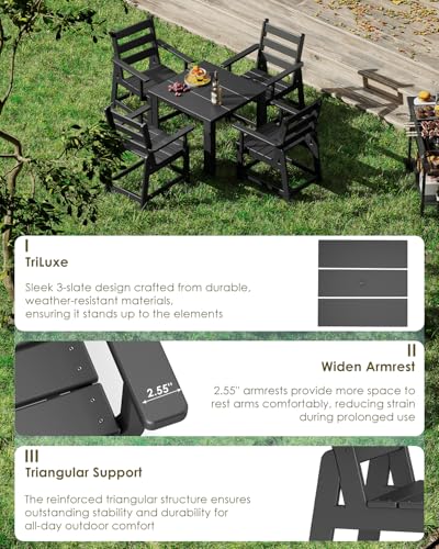 Image of GREENVINES 5-piece Patio Dining Set, HDPE Square Table & 4 Armchairs, Black