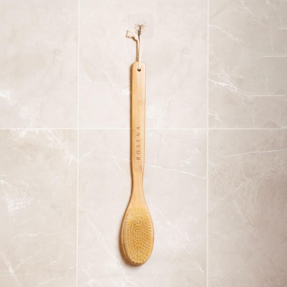 Brosse de douche de qualité supérieure avec manche long – Design monobloc solide – Poils naturels doux – Pour un brossage humide et sec – Exfoliation naturelle de la peau et éclat