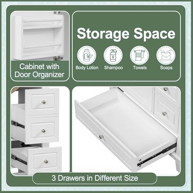 30 Inch Bathroom Vanity with Ceramic Sink Combo Set Modern Lavatory Freestanding Storage Cabinet with Door-Shelf & 3 Drawers for Small Space, Solid Wood Frame, White