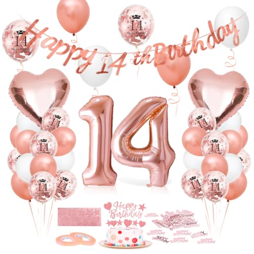 Luftballon 14. Geburtstag Roségold Geburtstagsdeko 14 Jahr Ballon 14. Geburtstag Riesen Folienballon Zahl 14 Happy Birthday Folienballons 14er Ballon 14er Deko zum Geburtstags Mädchen