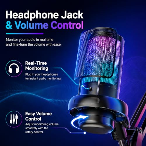 Anykuu USB Gaming Mikrofon Plug&Play Kondensator Mikrofon PC für Gaming Streaming Podcasting Videokonferenzen mit USB-C Adapter & 1,5 m Datenkabel für PC/Laptop, PS4/PS5, IOS/Windows/Android