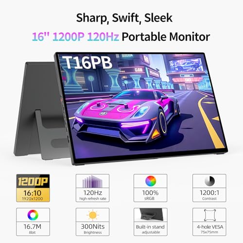 Image of Intehill 16 inch 120Hz Touchscreen Portable Monitor, Portable Gaming Monitor w /Stand & Speakers, 16:10 Display with Full Laminated Tempered Glass, Touch Screen Travel Monitor for Laptop, T16PB (Black)
