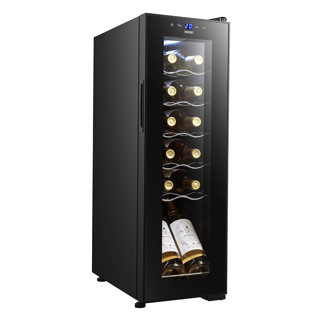 SVAN Vinoteca 12 Botellas Negro SVN1200S. 65W, Display LED táctil, Pantalla Digital Exterior, 7 Rejillas Metálicas, Clase de Eficiencia Enérgetica G