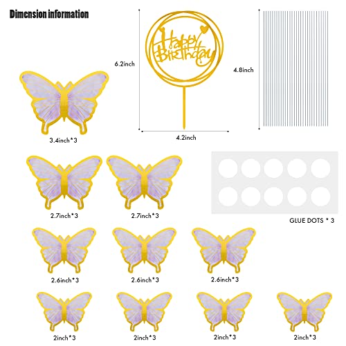 Canrevel 31 Pieces Butterfly Cake Toppers Cupcake Decorations With Gold Acrylic Happy Birthday Cake Toppers For Baby Shower Wedding Birthday Party Decor - Purple #TOP2