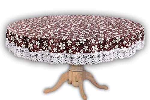 Image of The Furnishing Tree Round Shaped WxL 72x72 Inch 8 Seater Table Cover Floral Pattern Brown White, Waterproof PVC