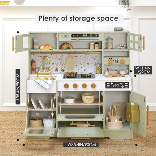 Kids Wooden Play Kitchen Set – Realistic Pretend Play Kitchen with Stove, Sink, Coffee Maker, Ice Maker & 15 Fun Accessories | Montessori-Inspired Toy Kitchen for Toddlers Ages 3+