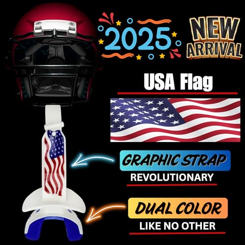 Oral Mart Football Mouth Guard (2025 USA Flag) Dual-Color with Graphic Strap - Instant Fit (No Boil) - Youth Lip Guard Mouthpiece (Works with Braces) - Mouthguard Pacifier with Built-in Strap