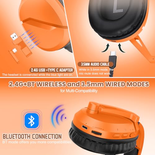 Image of Wireless Gaming Headset with Noise Canceling Microphone for PS5, PC, PS4, 2.4G /Bluetooth Gaming Headphones with USB and Type-c Connector, Wired Mode for Controller - Orange