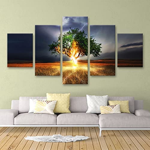 5 Piece Canvas Wall Art Modern 5 Pieces Lightning Thunder Season Tree Canvas Home Deco Art Wall Print Modular Picture,Children'S Room Printed Wall Canvas Deco Xl/With Frame 150 X 100 Cm