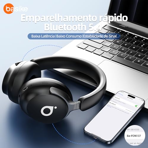 Basike Fones de Ouvido Bluetooth 5.4, Headphone Bluetooth com Cancelamento de Ruído Ativo ANC, Supor