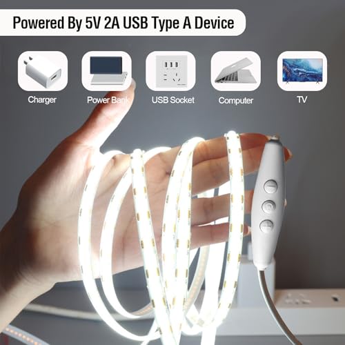 Image of 5V Dimmable Waterproof COB LED Strip Lights with USB Dimmer 6 ft | CRI 93+, USB Powered, IP65 LED Light Strip, for TV Cabinet Shelf Mirror Desk 3D Printer DIY Project