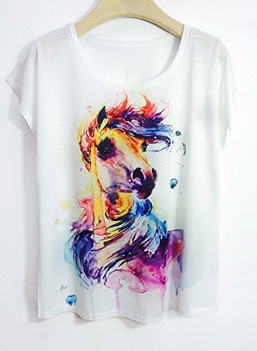 Futurino Women's Dream Mysterious Horse Print Short Sleeve Tops Casual Tee (Xl, Pony311) #TOP1