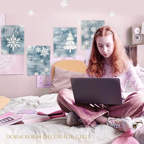 Image of LARTSFRO Christmas Winter Gifts Wall Art Decor Posters, Christmas Snowflakes Christian Room Bathroom Bedroom Dorm Wall Art Decor Aesthetic for College Teen Girls Gifts, Inspirational Bible Verses Winter Wall Decor, 10x8 Inch Set of 4 Pcs Christmas Pictures (UNFRAMED)