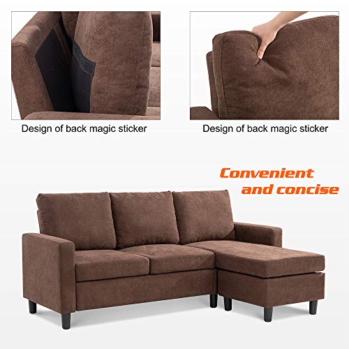 JY QAQA Convertible Sectional Sofa Couch with Reversible Chaise, L-Shaped Couch with Modern Linen Fabric for Small Space (Brown)