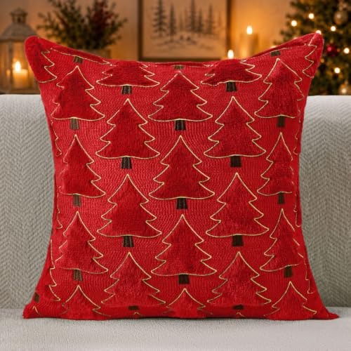 Image of Allorry Christmas Pillow Covers 18x18 inch Set of 2 Christmas Decorations Soft Plush Faux Fur Wool Red Christmas Tree Throw Pillow Cases Winter Holiday Decor for Sofa Living Room PT012B18