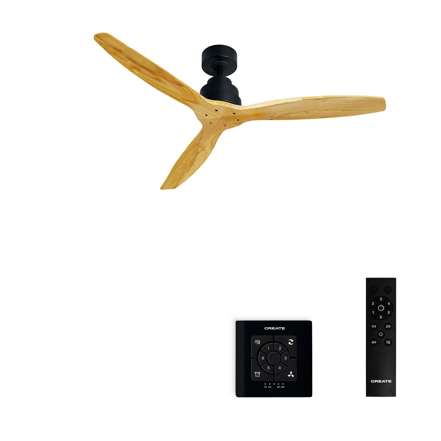 CREATE / WINDSTYLANCE NATURAL WOOD/Ventilador de techo negro aspas madera natural con controlador y mando / 40W, Temporizador, Ø132 cm, 6 velocidades, verano-invierno, doble altura