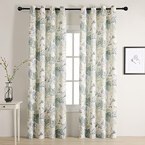 Image of MYSKY HOME Green Curtains 90 Inch 2 Panels Length Floral Light Filtering Curtains for Living Room Light Privacy Cotton Burlap Effect Drapes Window Treatments Grommet, Sage and Natural
